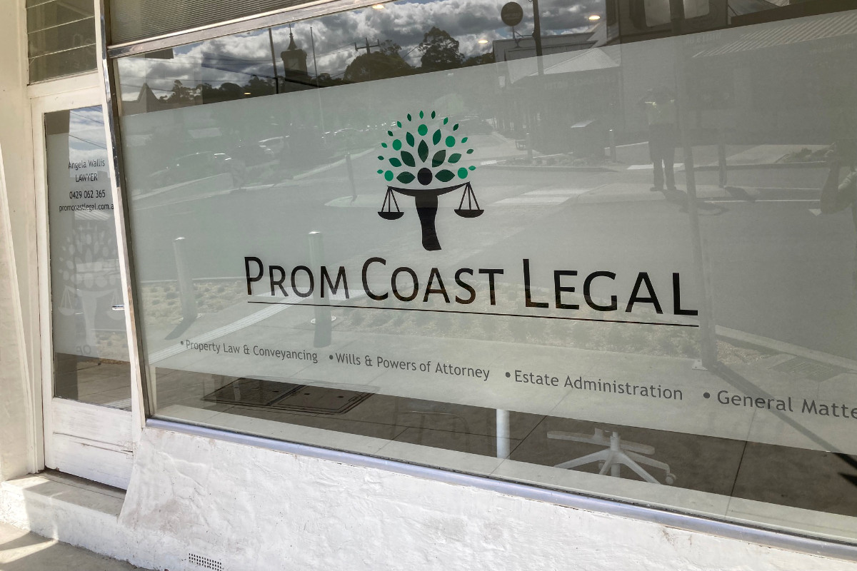 Frosted window sign by Signspec for Prom Coast Legal in Foster